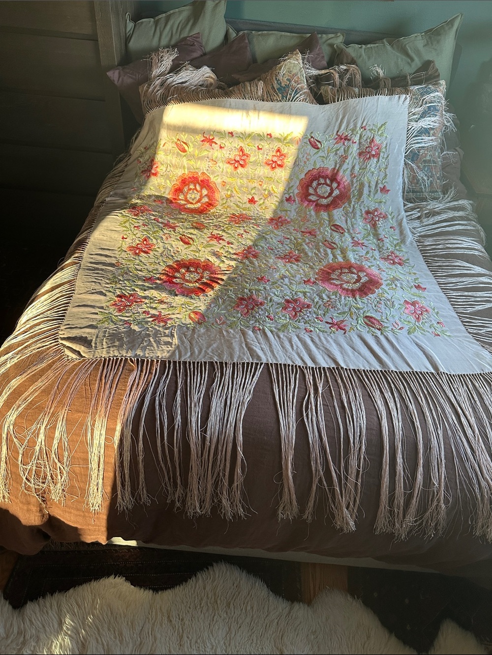 Vintage Silk Piano Shawl Hand-Embroidered Floral in Pale Pink- hot pink flowers